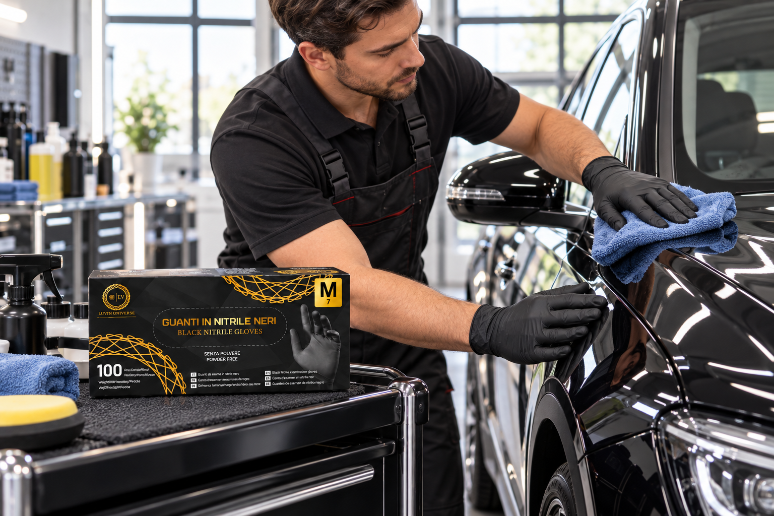 Car detailing worker wearing black gloves with a LUVIN box